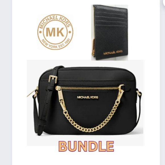 MICHAEL KORS Jet Set Crossbody Bag Black Gold Chain & Matching Wallet Card Case - Picture 1 of 14
